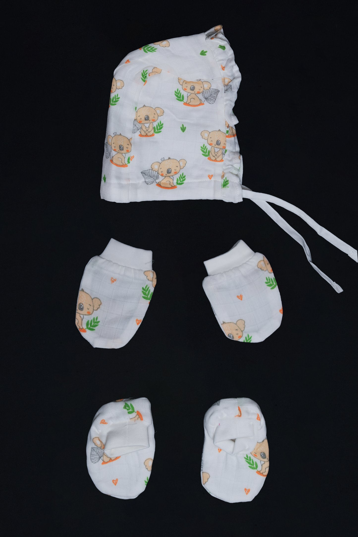 Muslin jabla knotted (Only Booties, Mittens, Frill Cap)