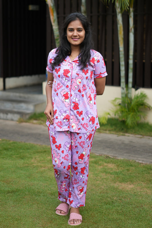 PREMIUM COLLAR PYJAMA SET DRESS WITH TEDDY PINK