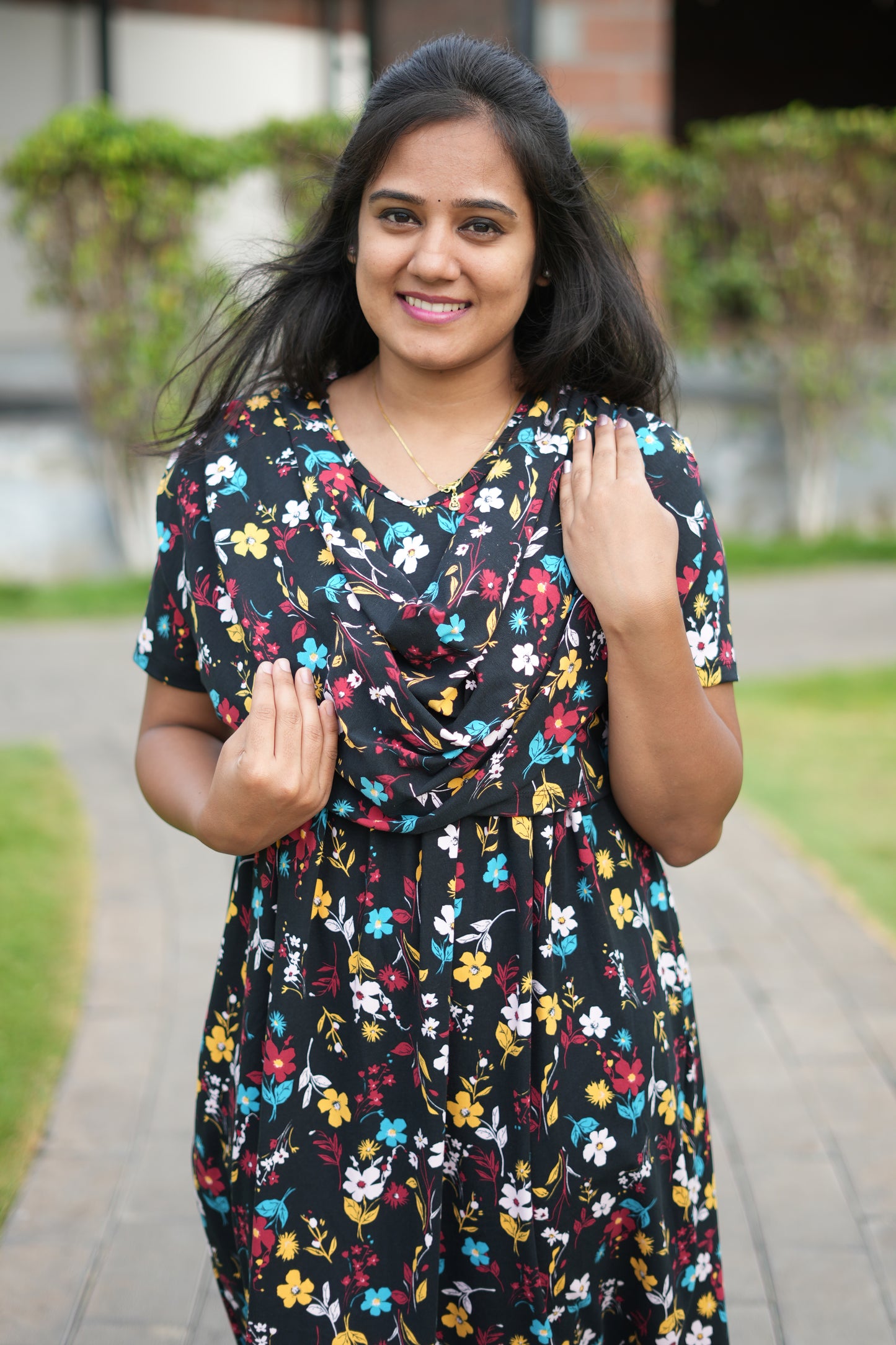 Dupatta Zipless Maternity with Floral Black