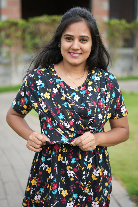 Black with Colorful Flora (Zipless Maternity Shawl)