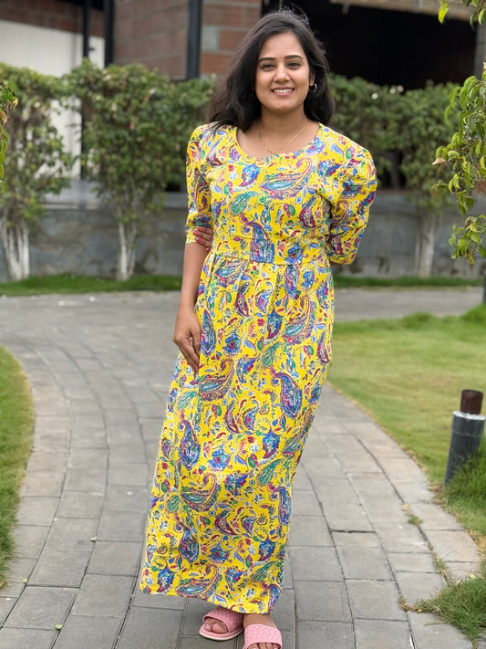 Zipless Maternity Puff with 3/4th Sleeve Floral Yellow