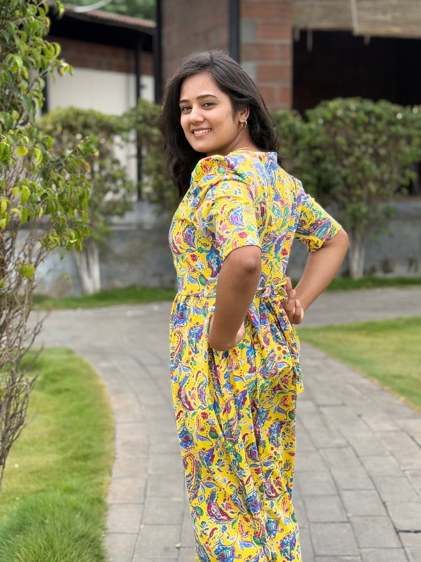 Zipless Maternity Puff with 3/4th Sleeve Floral Yellow