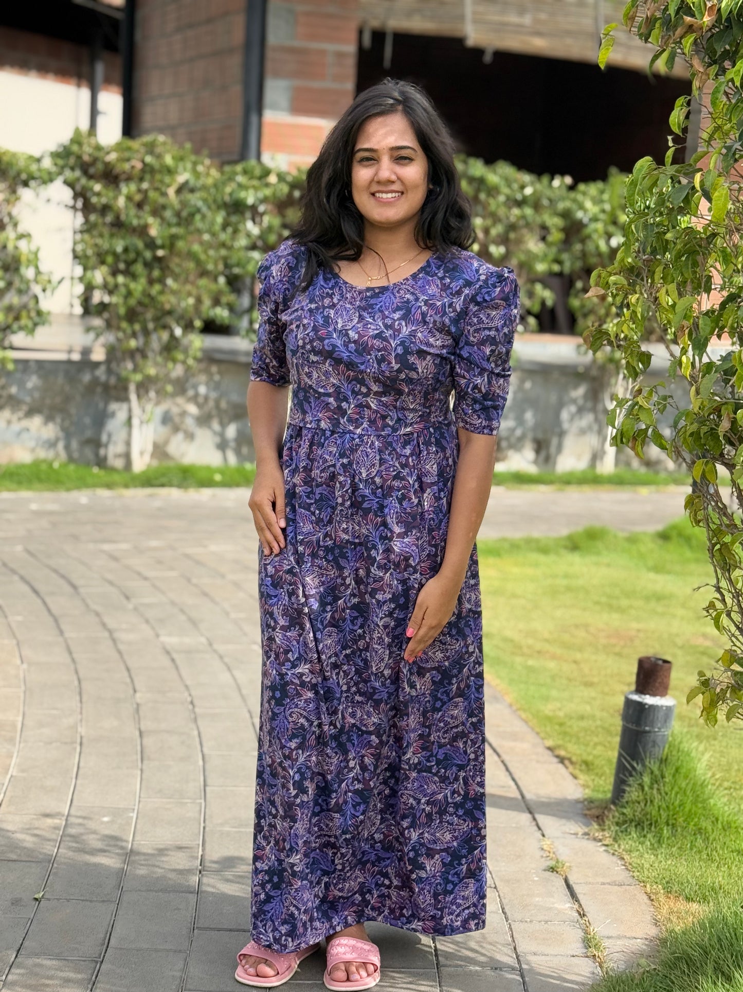 Zipless Maternity Puff with 3/4th Sleeve Maxi Floral Violet