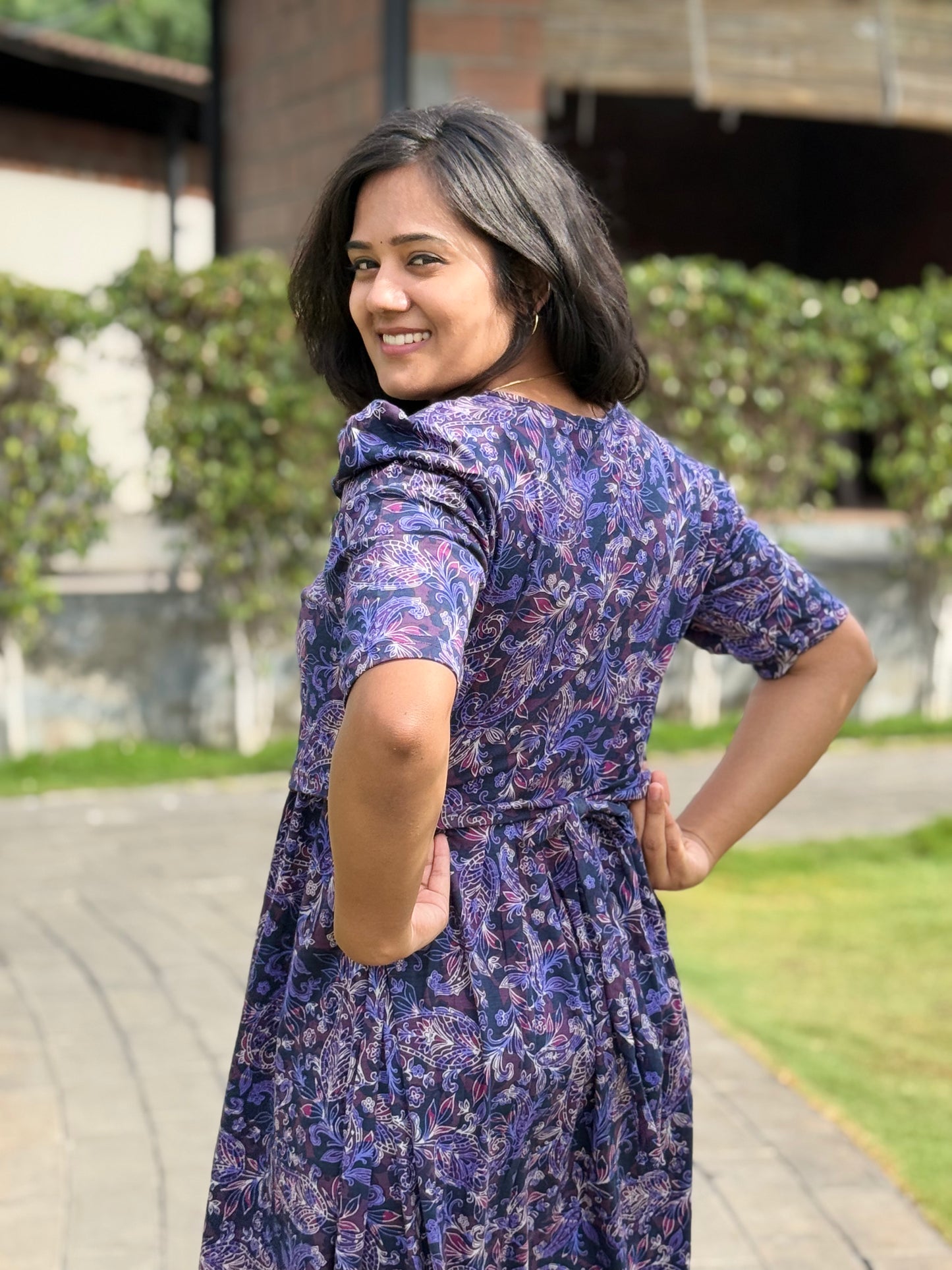 Zipless Maternity Puff with 3/4th Sleeve Maxi Floral Violet