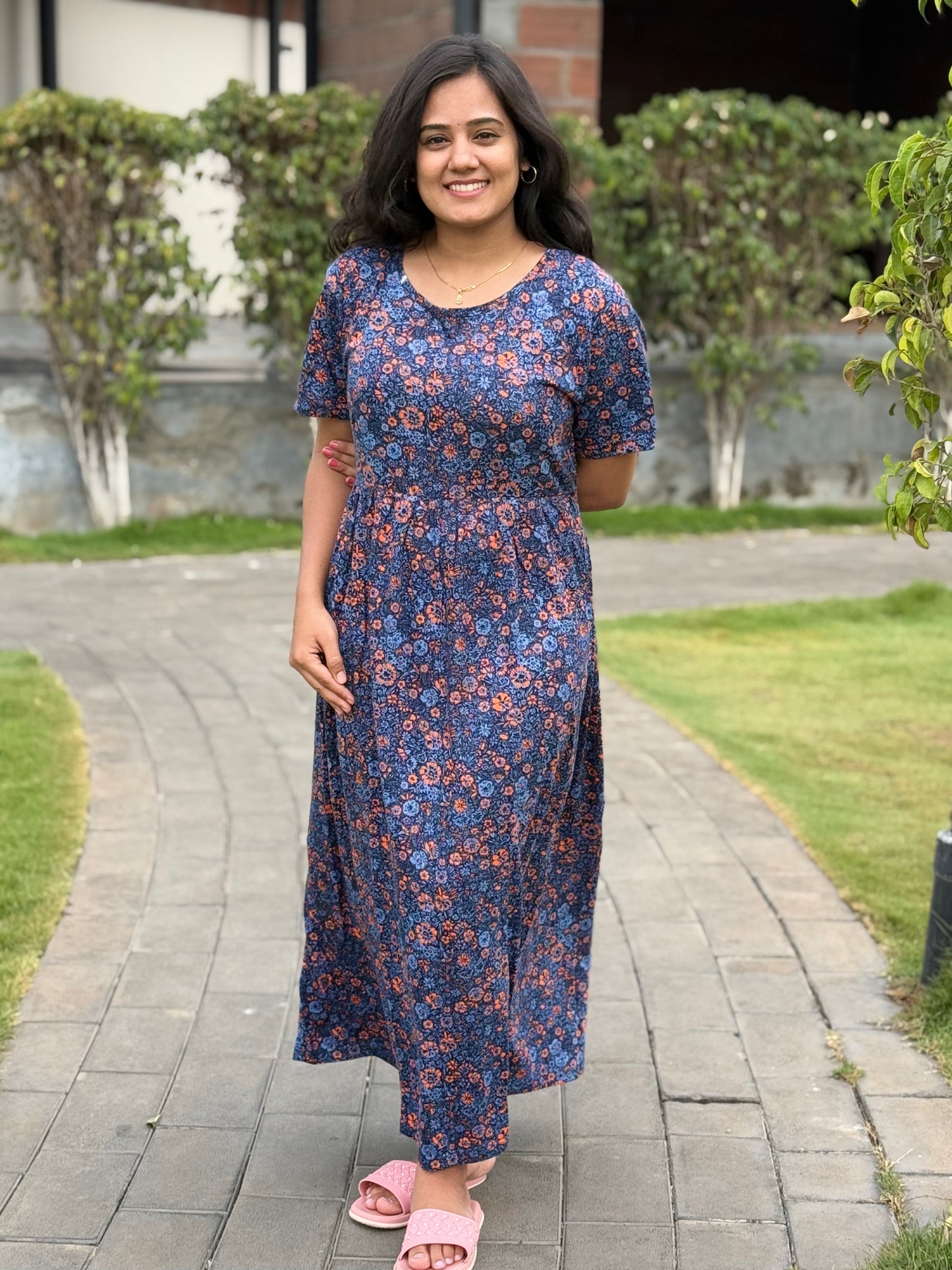 SOFT COTTON MAXI WEAR NAVY FLORAL ORANGE