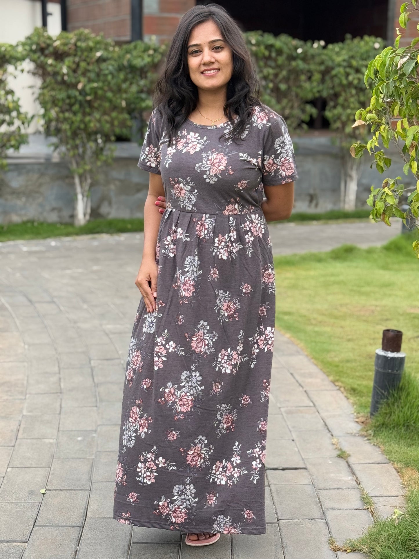 SOFT COTTON MAXI WEAR GREY WITH FLORAL PINK