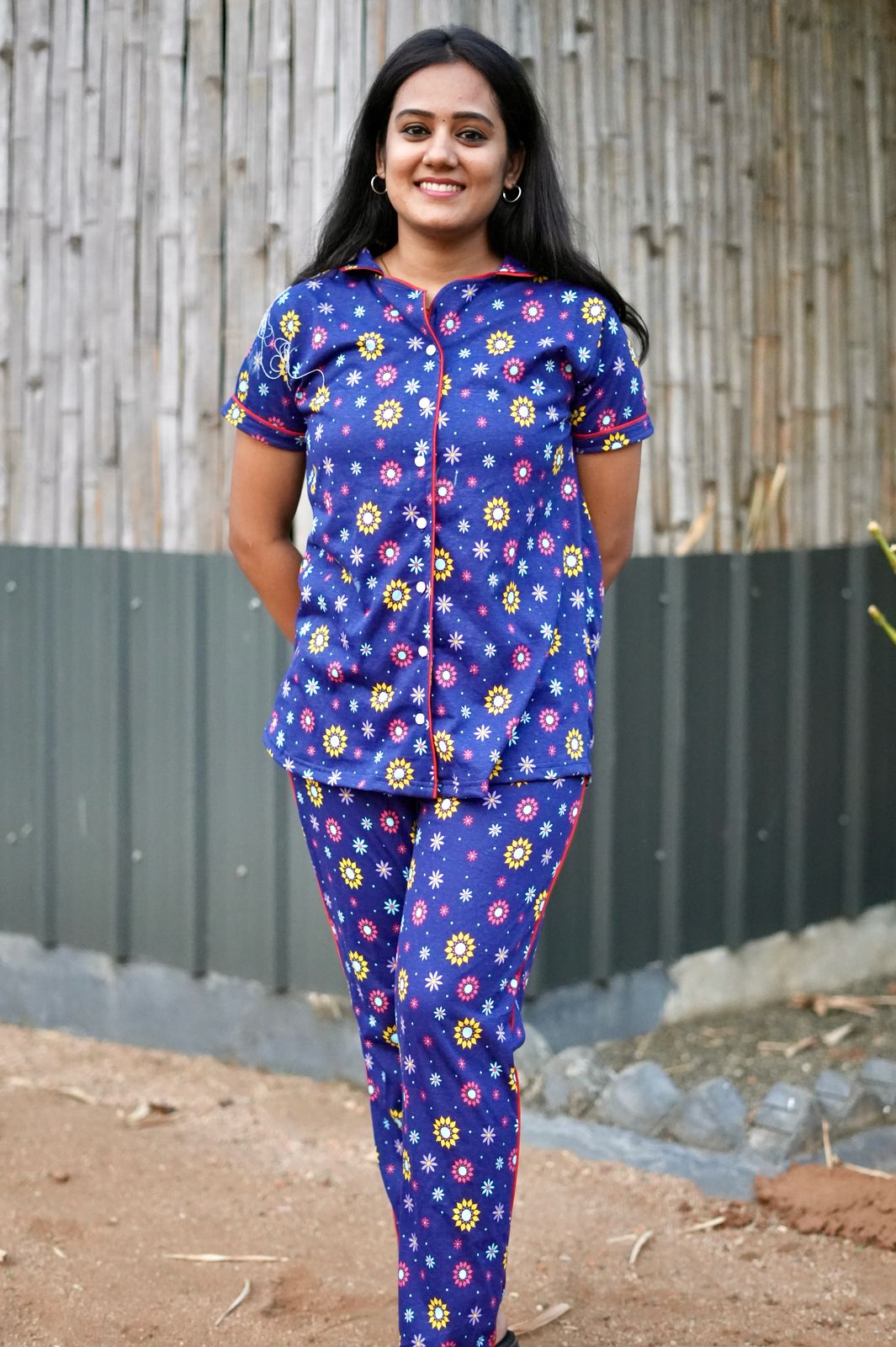 PREMIUM COLLAR PYJAMA SET DRESS WITH FLORAL BLUE