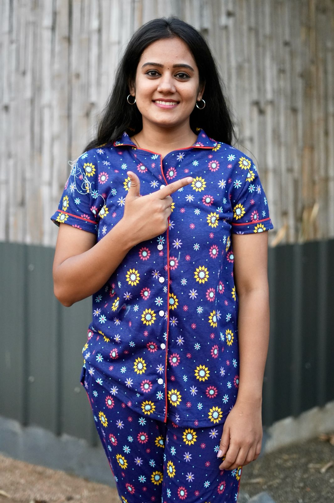 PREMIUM COLLAR PYJAMA SET DRESS WITH FLORAL BLUE