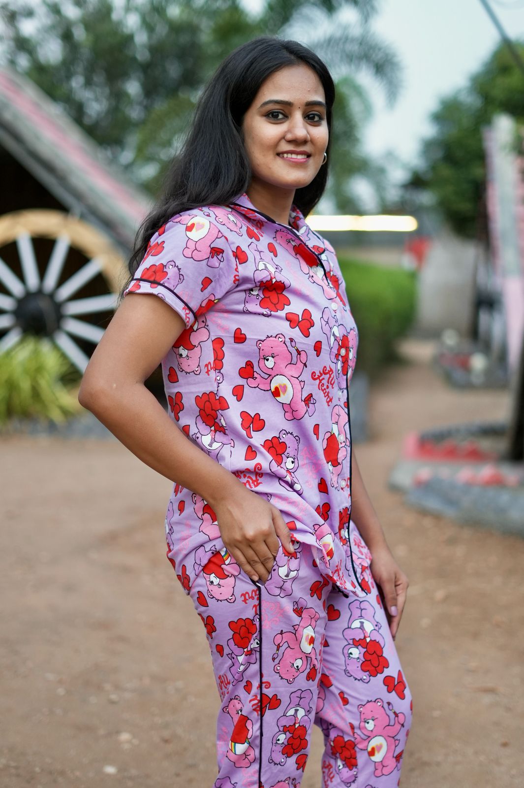 PREMIUM COLLAR PYJAMA SET DRESS WITH TEDDY PINK