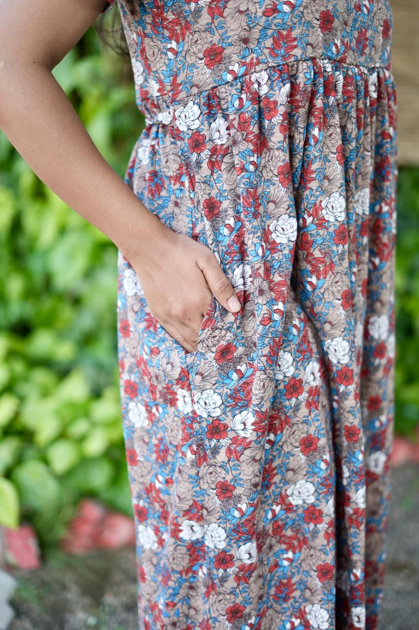Soft Cotton Kurta Maxi Style with Floral Brown