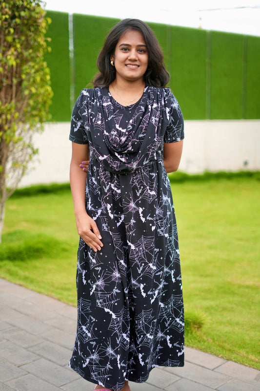 DUPATTA MAXI SOFT COTTON LOUNGE WEAR WITH SPIDER BLACK