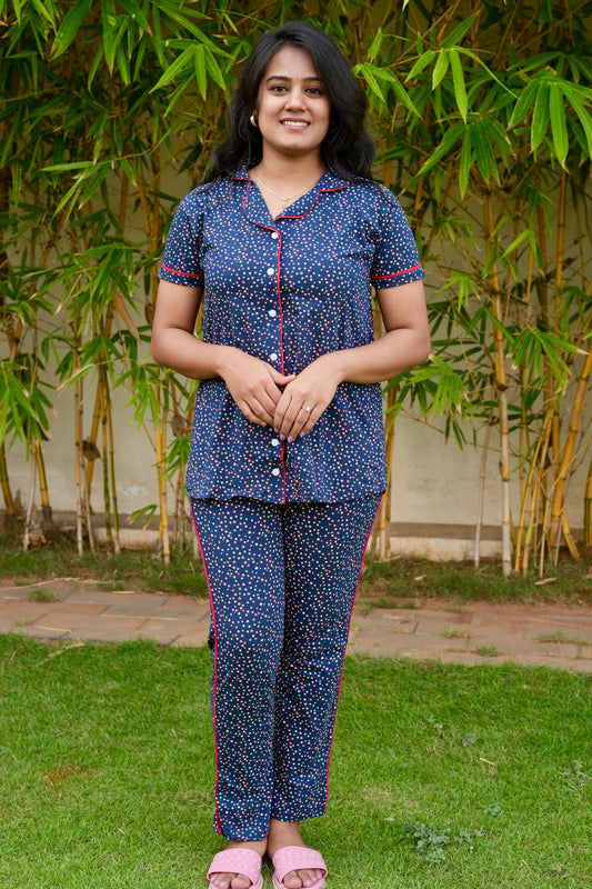 PREMIUM COLLAR PYJAMA SET DRESS WITH NAVY DOT
