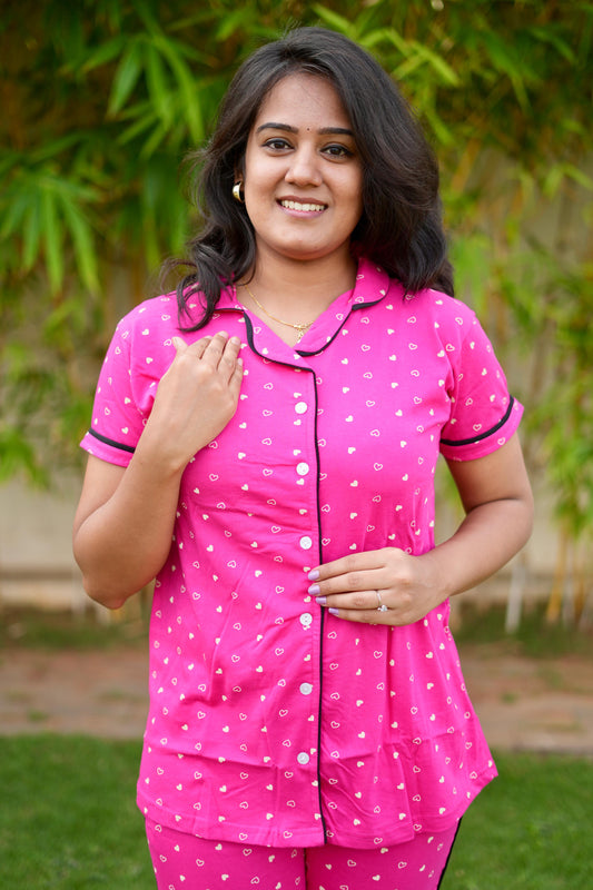 PREMIUM COLLAR PYJAMA SET DRESS WITH ROSE