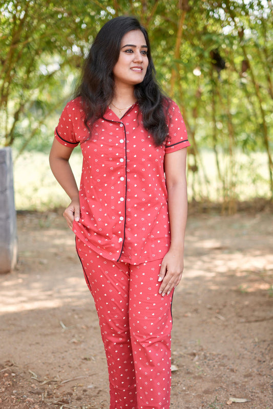 PREMIUM COLLAR PYJAMA SET DRESS WITH HEARTY RED