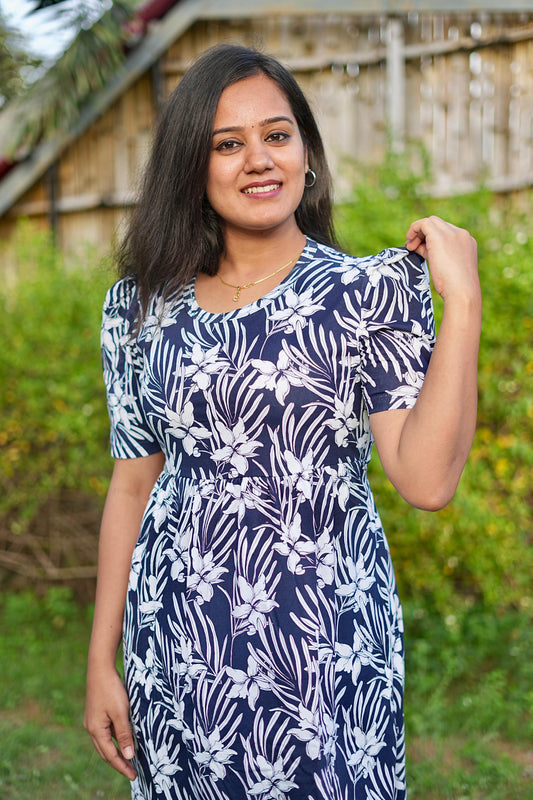 PUFF TYPE MAXI COTTON LOUNGE WEAR WITH FLORAL NAVY