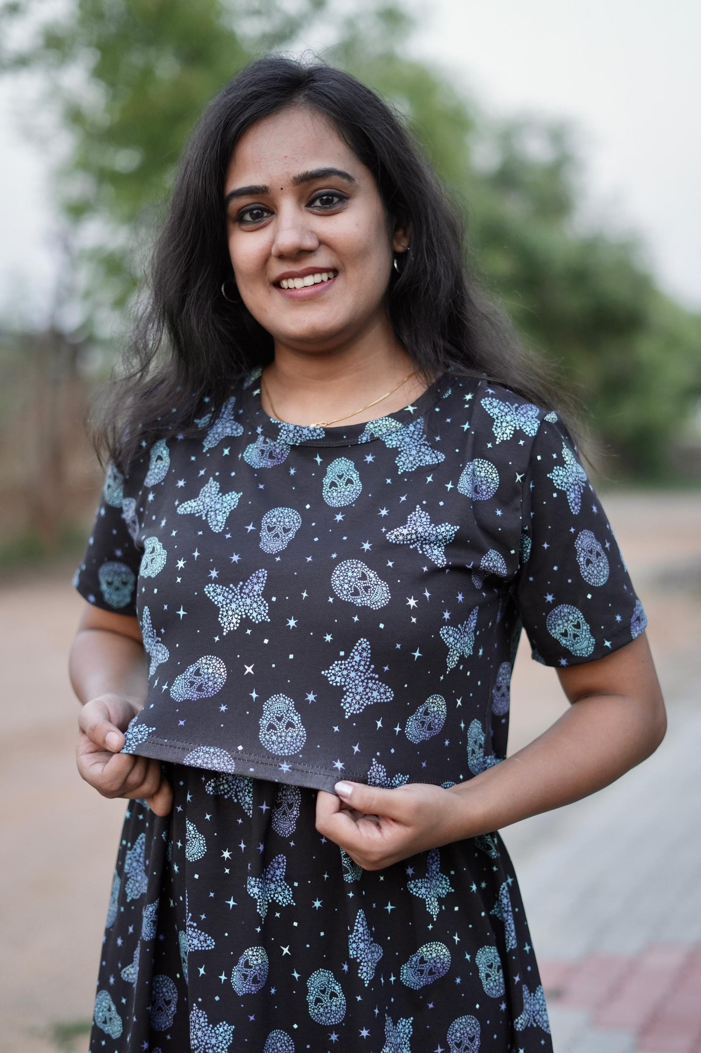 Premium Maternity Zipless Lounge Wear with Blacky with shinning printed blue