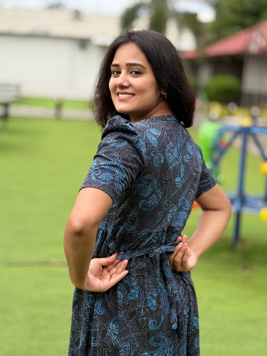 PUFF TYPE MAXI COTTON LOUNGE WEAR WITH SHINNING DESIGN BLACK