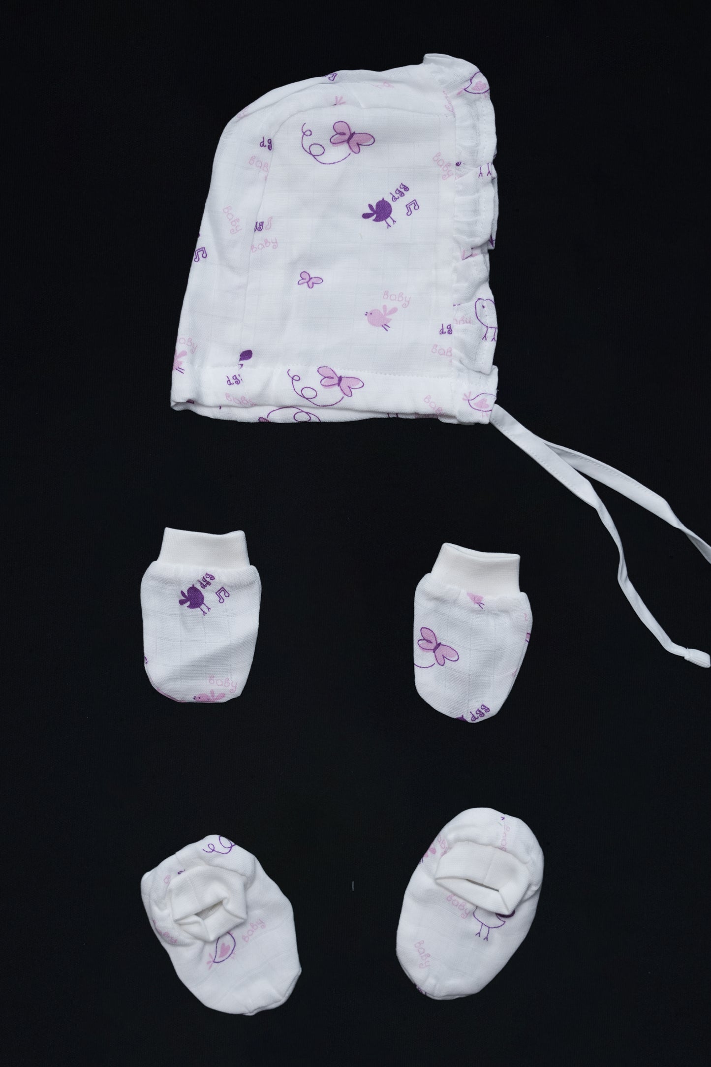 Muslin Jabla Knotted (Only Booties, Mittens, Frill Cap)