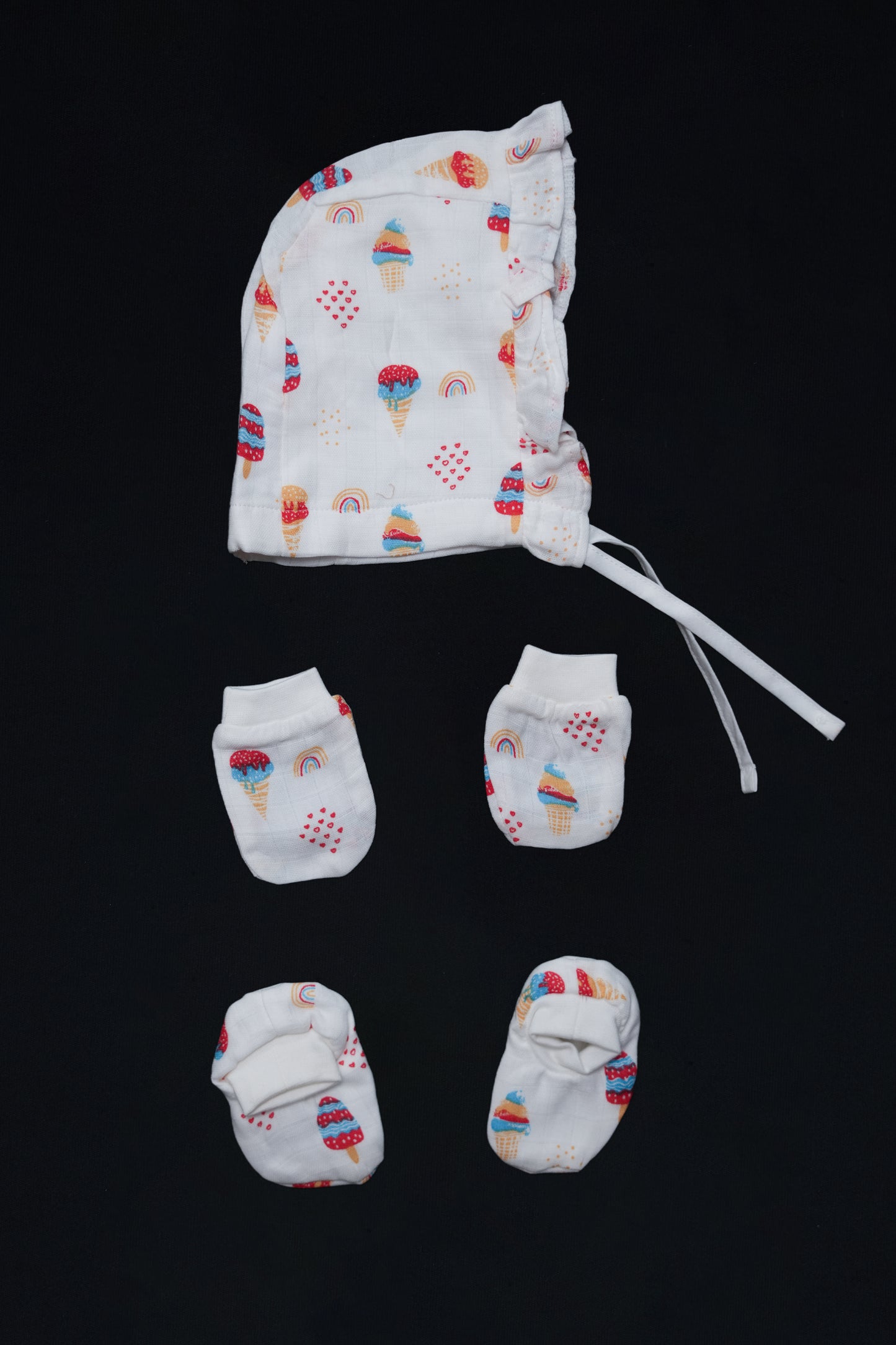 Muslin Jabla Knotted (Only Booties, Mittens, Frill Cap)