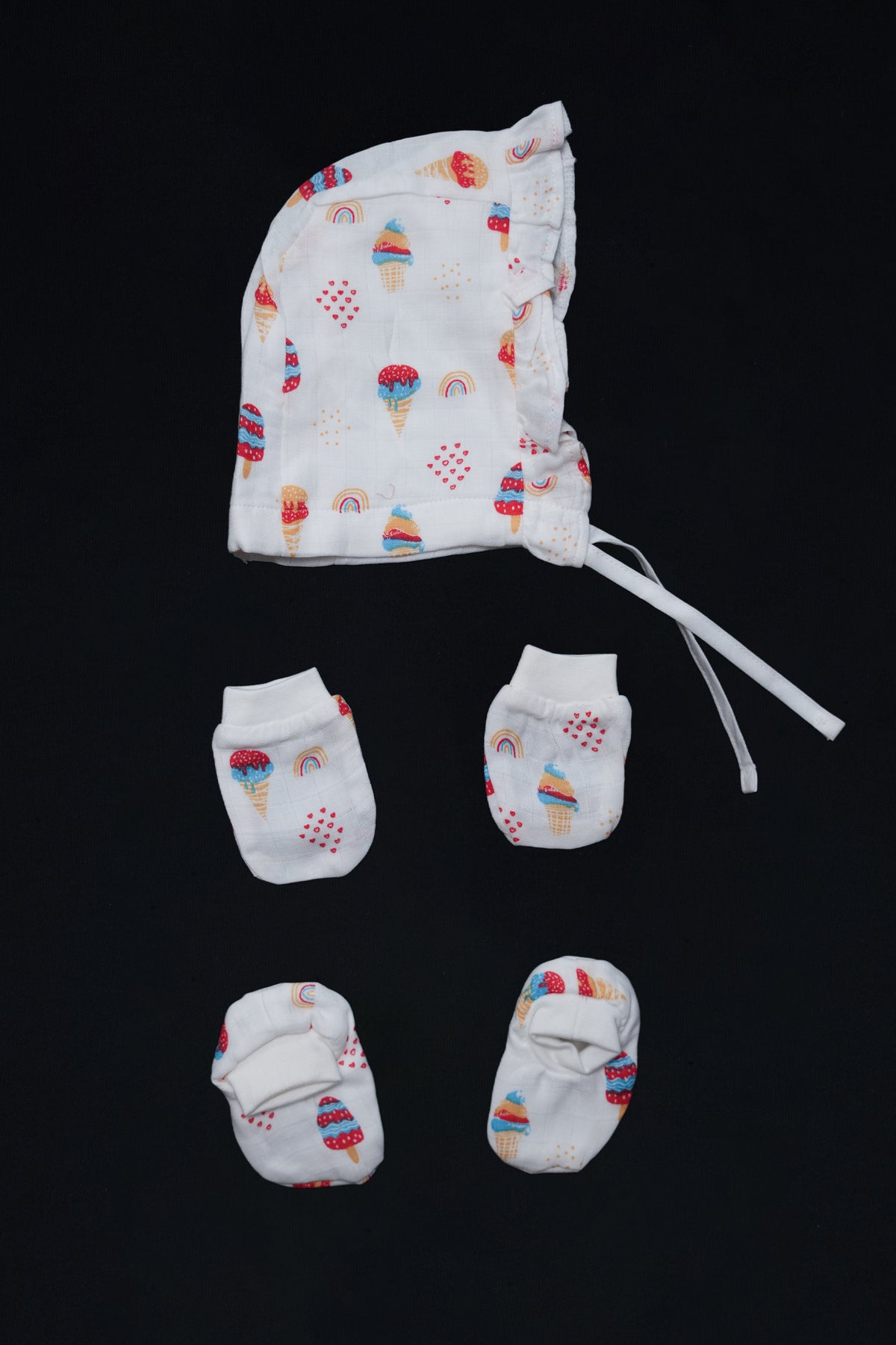 Muslin Jabla Knotted (Only Booties, Mittens, Frill Cap)