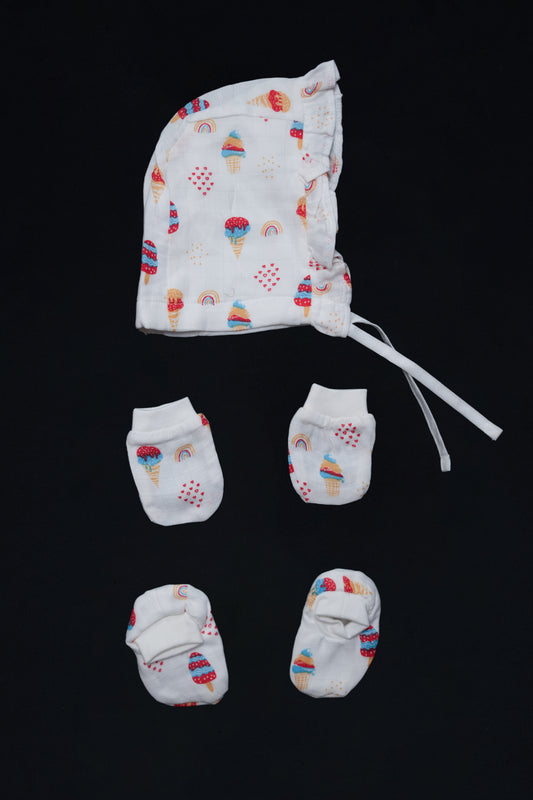 Muslin Jabla Knotted (Only Booties, Mittens, Frill Cap)