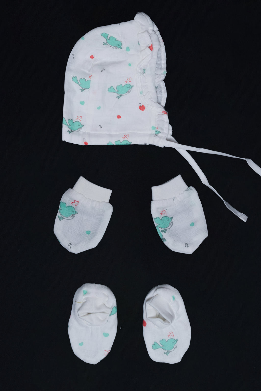 Muslin Jabla Knotted (Only Booties, Mittens, Frill Cap)