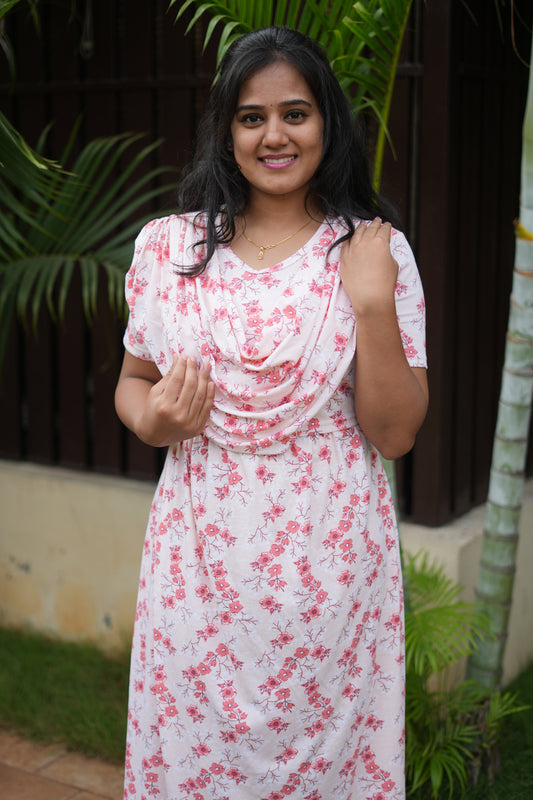 Dupatta Zipless Maternity with Floral Mild Pink
