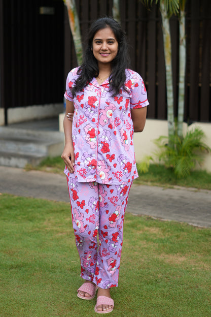 PREMIUM COLLAR PYJAMA SET DRESS WITH TEDDY PINK