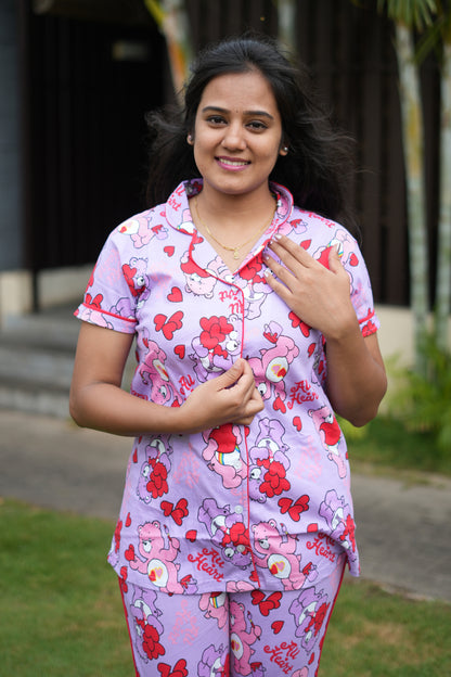 PREMIUM COLLAR PYJAMA SET DRESS WITH TEDDY PINK