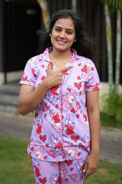 PREMIUM COLLAR PYJAMA SET DRESS WITH TEDDY PINK