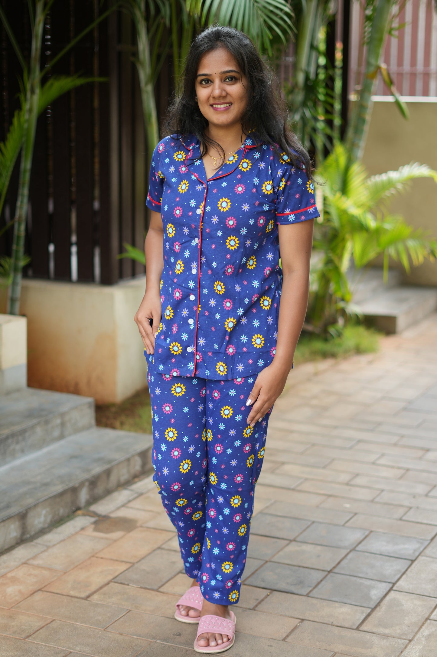 PREMIUM COLLAR PYJAMA SET DRESS WITH FLORAL BLUE