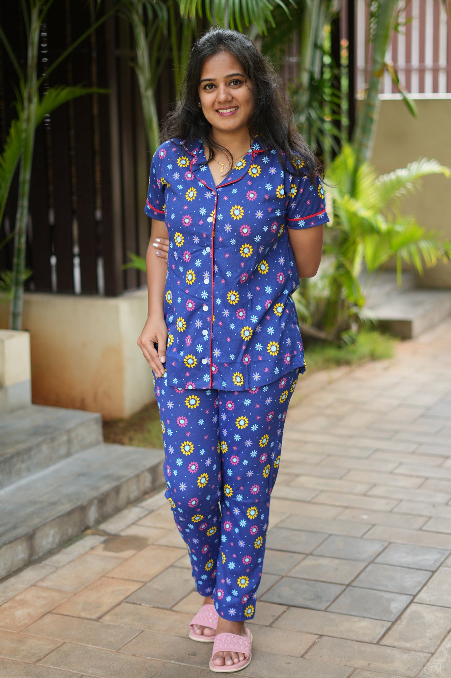 PREMIUM COLLAR PYJAMA SET DRESS WITH FLORAL BLUE