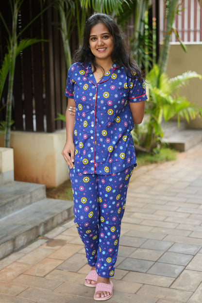 PREMIUM COLLAR PYJAMA SET DRESS WITH FLORAL BLUE