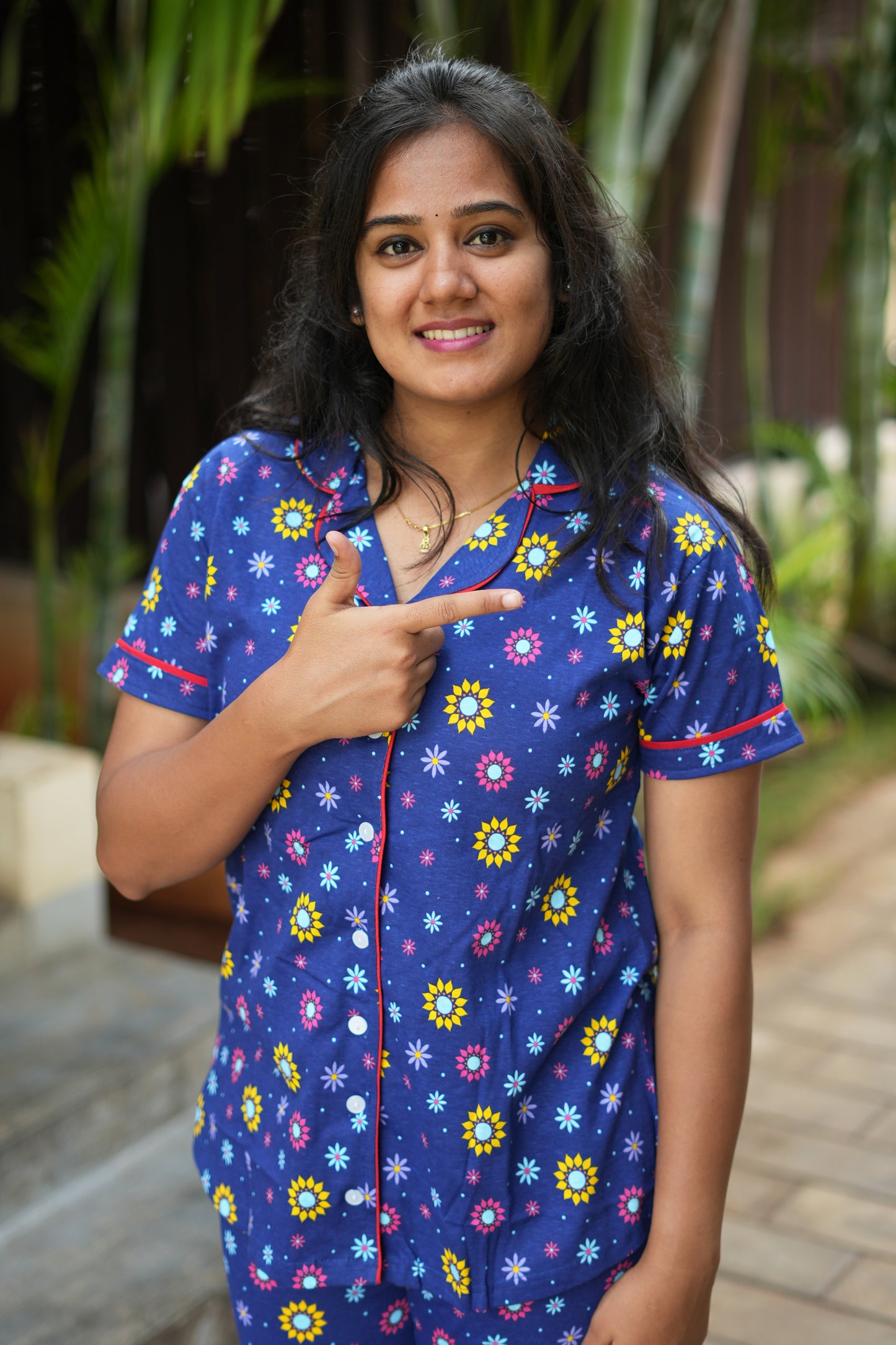 PREMIUM COLLAR PYJAMA SET DRESS WITH FLORAL BLUE