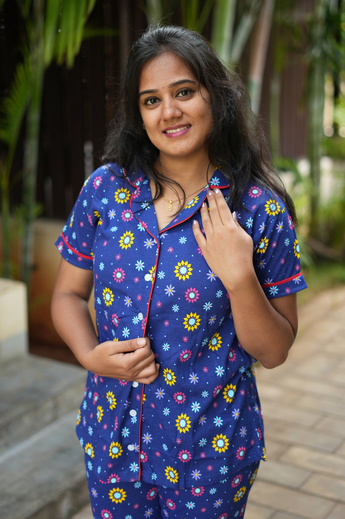 PREMIUM COLLAR PYJAMA SET DRESS WITH FLORAL BLUE