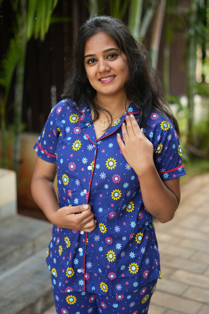PREMIUM COLLAR PYJAMA SET DRESS WITH FLORAL BLUE