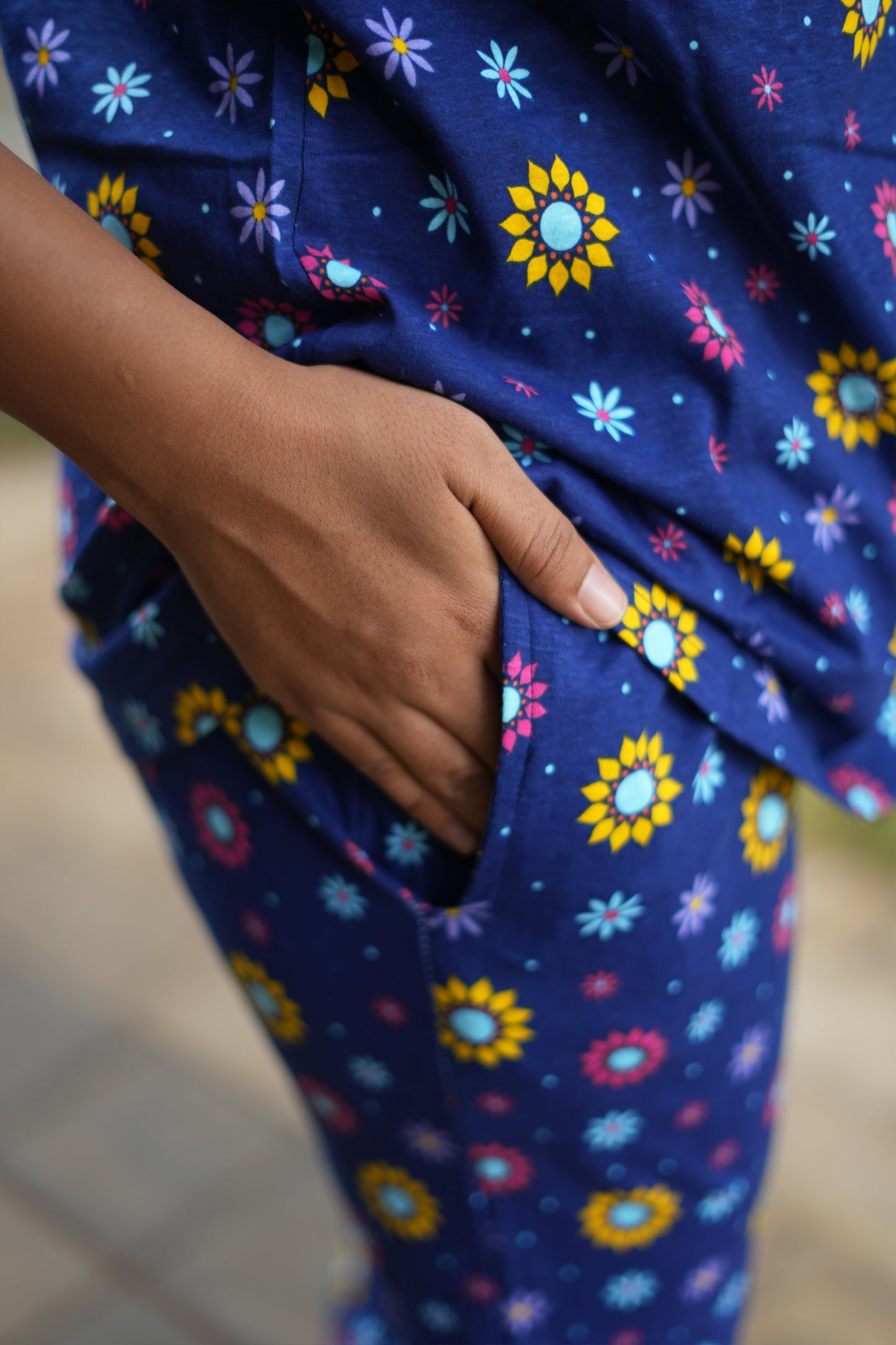 PREMIUM COLLAR PYJAMA SET DRESS WITH FLORAL BLUE