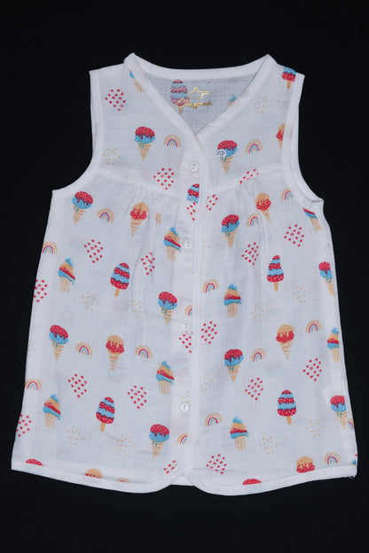 (3 Pc) Muslin Frock Front Open
