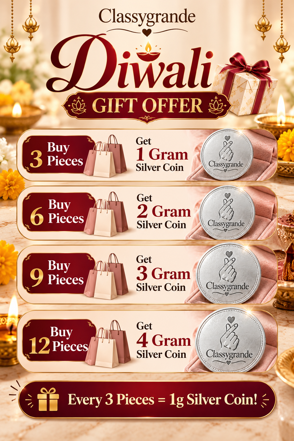 🎁 Every 3 Pieces = 1g Silver Coin! 💖