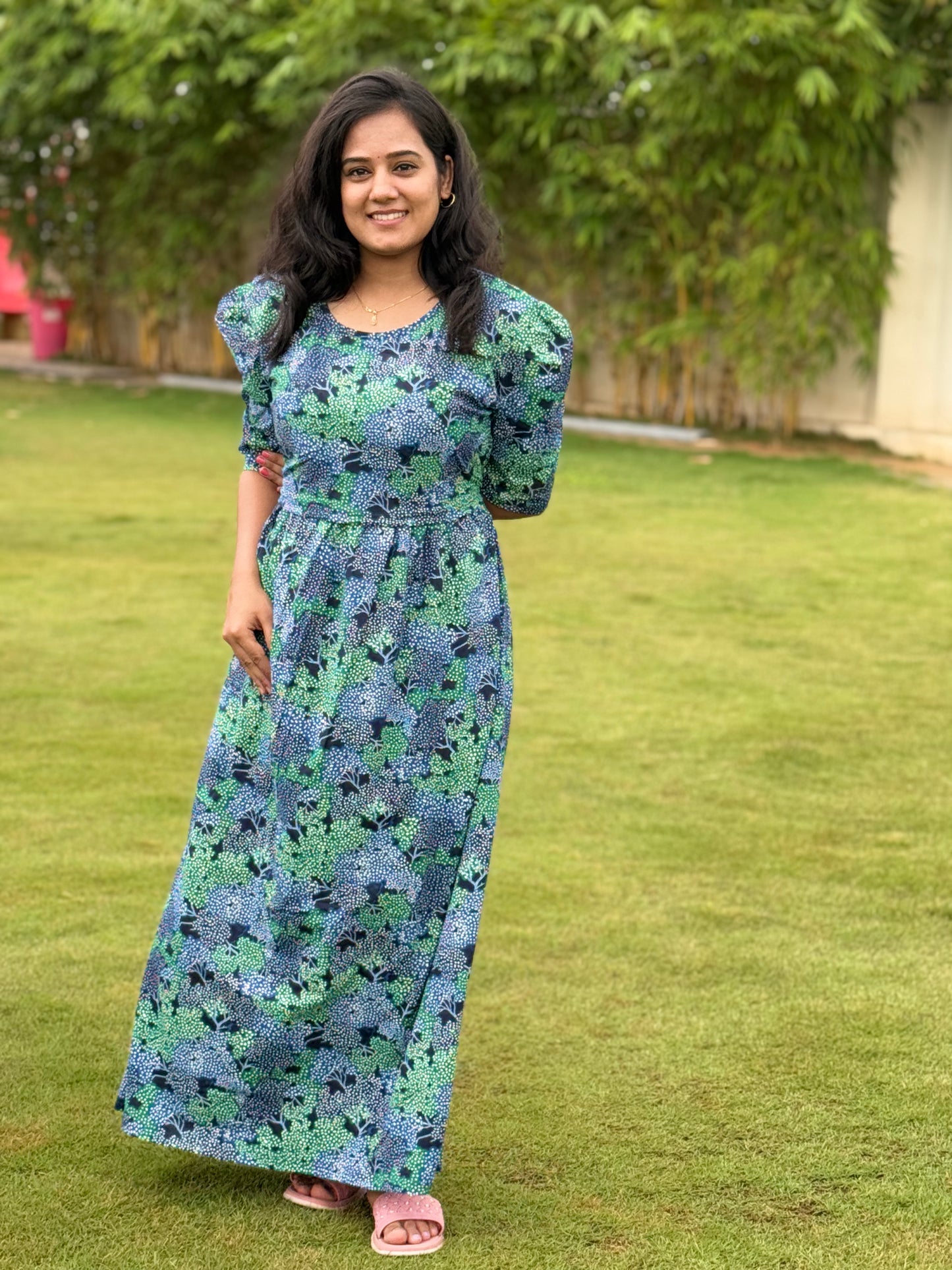 Zipless Maternity Puff with 3/4th Sleeve Maxi Dotted Navy Green