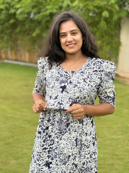 Zipless Maternity Puff with 3/4th Sleeve Maxi Navy With Floral White