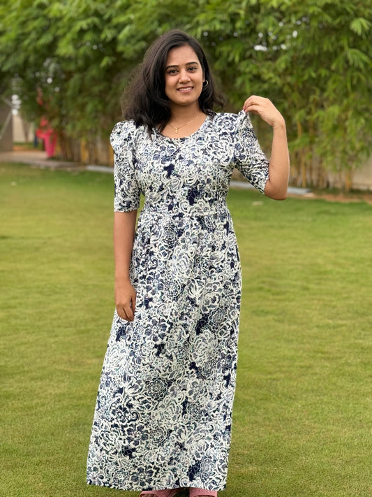 Zipless Maternity Puff with 3/4th Sleeve Maxi Navy With Floral White