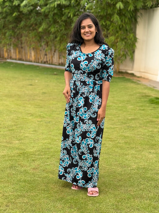 Zipless Maternity Puff with 3/4 th Sleeve Maxi Black with Floral Blue
