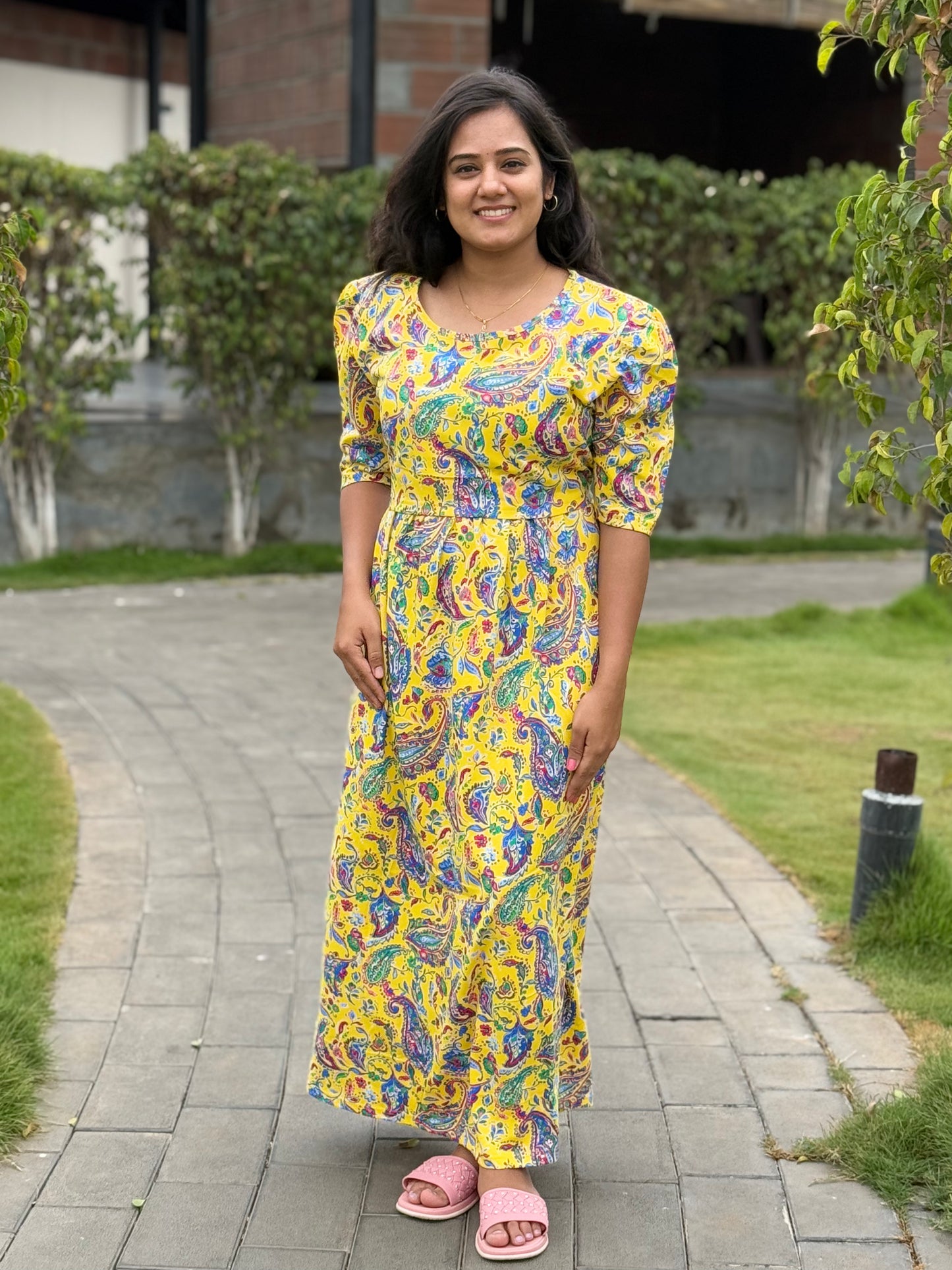 Zipless Maternity Puff with 3/4th Sleeve Floral Yellow