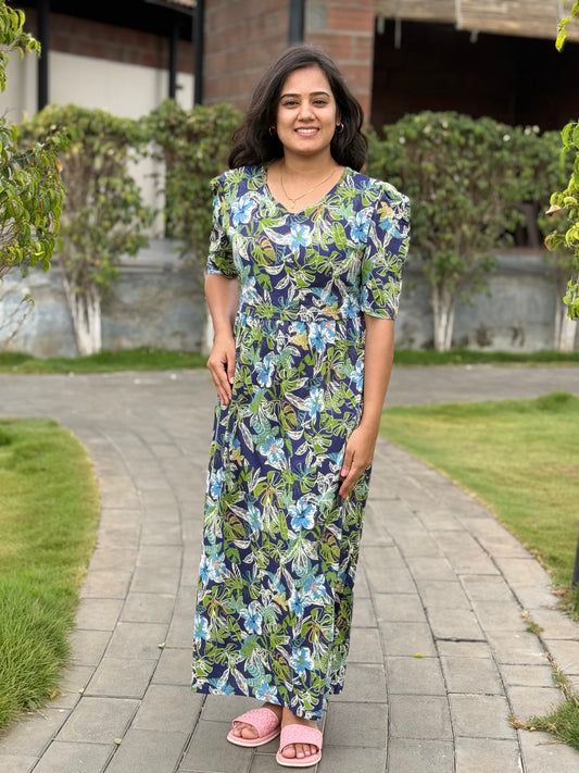 Zipless Maternity Puff with 3/4th Sleeve Floral Greenish Navy