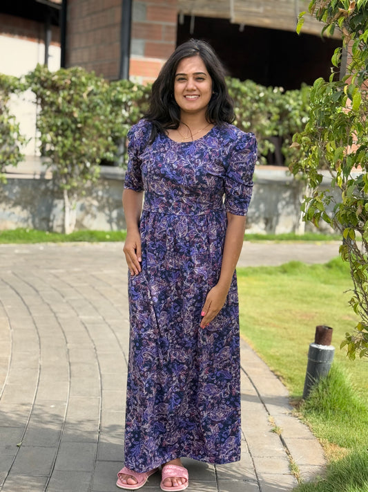 Zipless Maternity Puff with 3/4th Sleeve Maxi Floral Violet