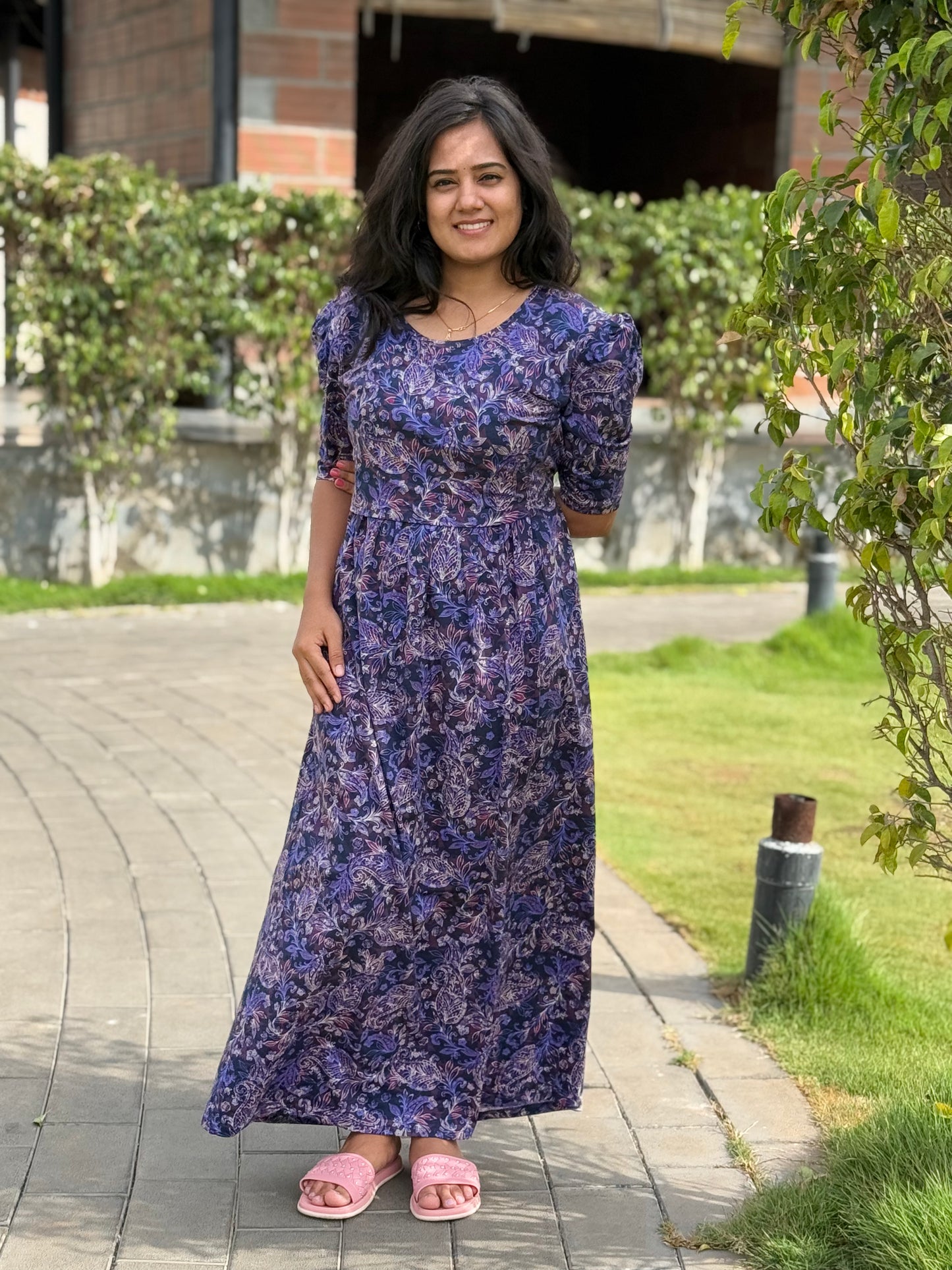 Zipless Maternity Puff with 3/4th Sleeve Maxi Floral Violet