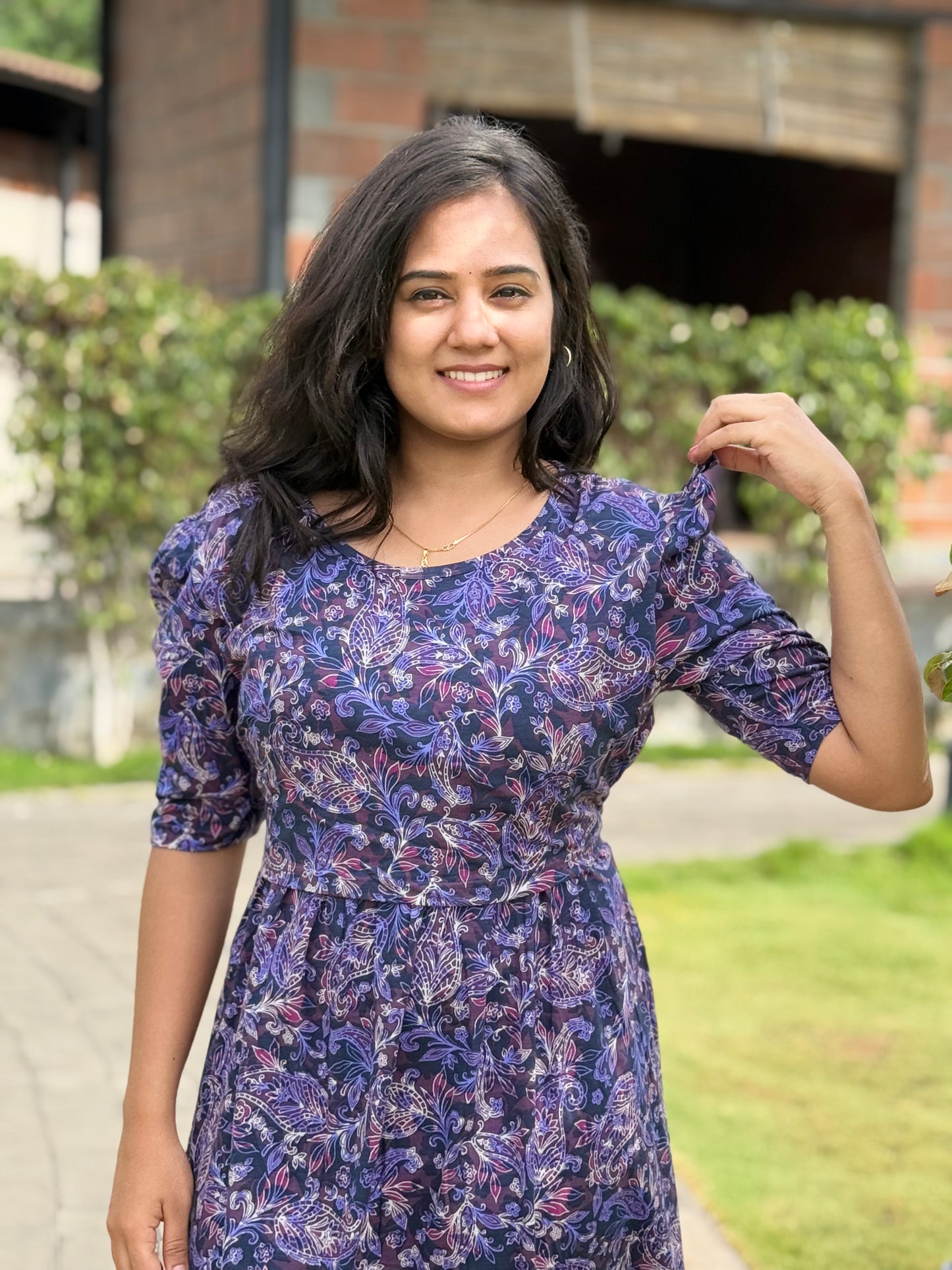 Zipless Maternity Puff with 3/4th Sleeve Maxi Floral Violet