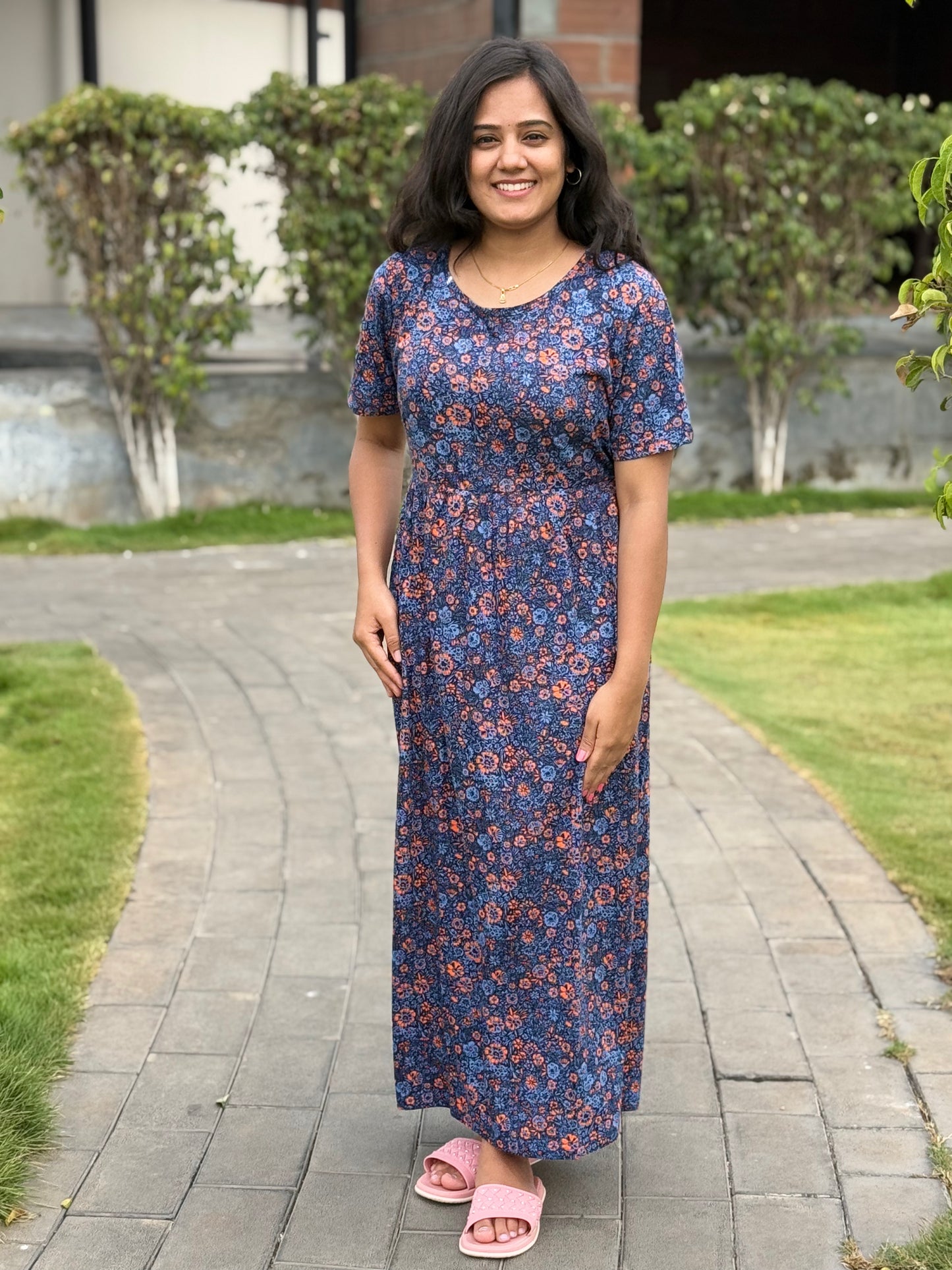 SOFT COTTON MAXI WEAR NAVY FLORAL ORANGE