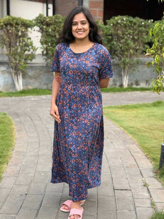 SOFT COTTON MAXI WEAR NAVY FLORAL ORANGE